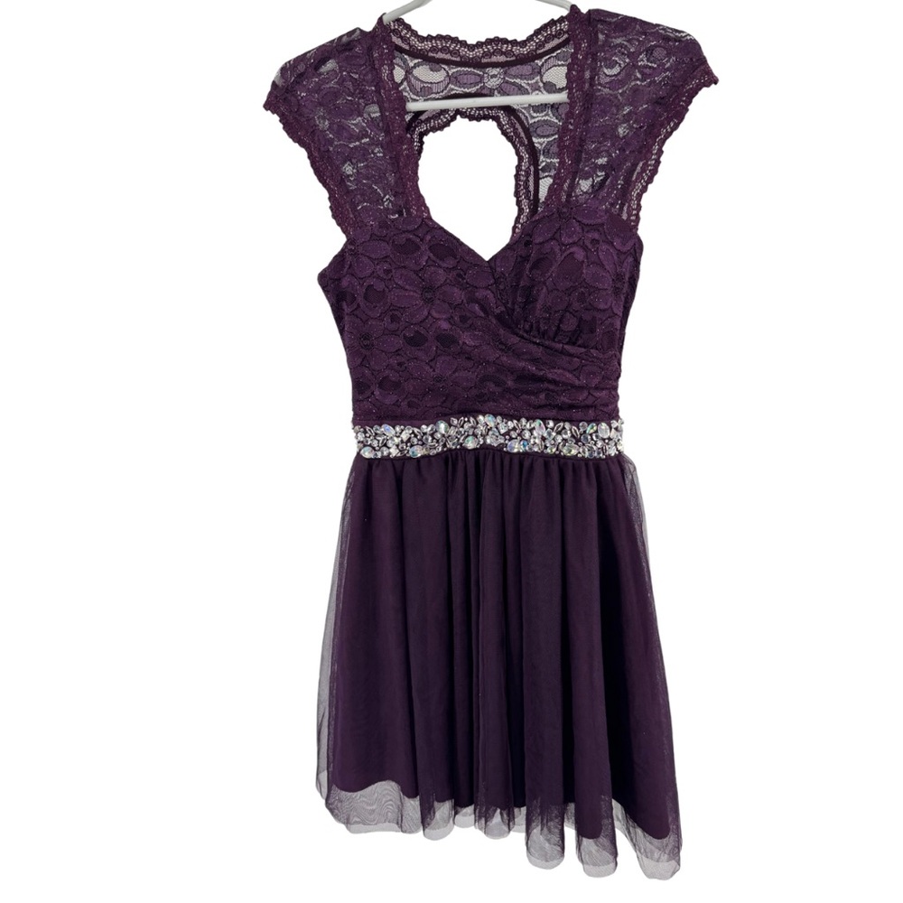 Deb Plum Purple Mini Dress lace tulle rhinestones open back 5 formal HOCO party
